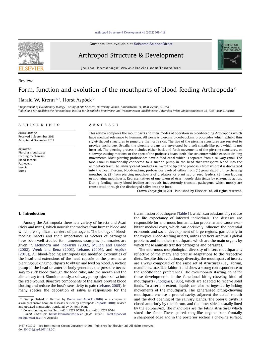 Form, Function and Evolution of the Mouthparts of Blood-Feeding Arthropodaq