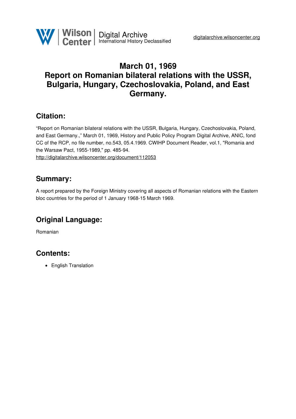 March 01, 1969 Report on Romanian Bilateral Relations with the USSR, Bulgaria, Hungary, Czechoslovakia, Poland, and East Germany