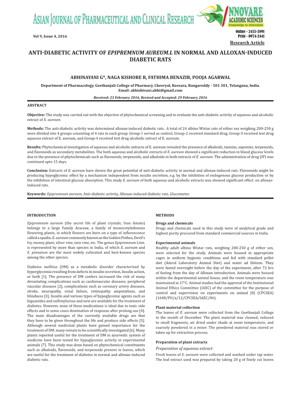 Anti-Diabetic Activity of Epipremnum Aureum.L in Normal and Alloxan-Induced Diabetic Rats