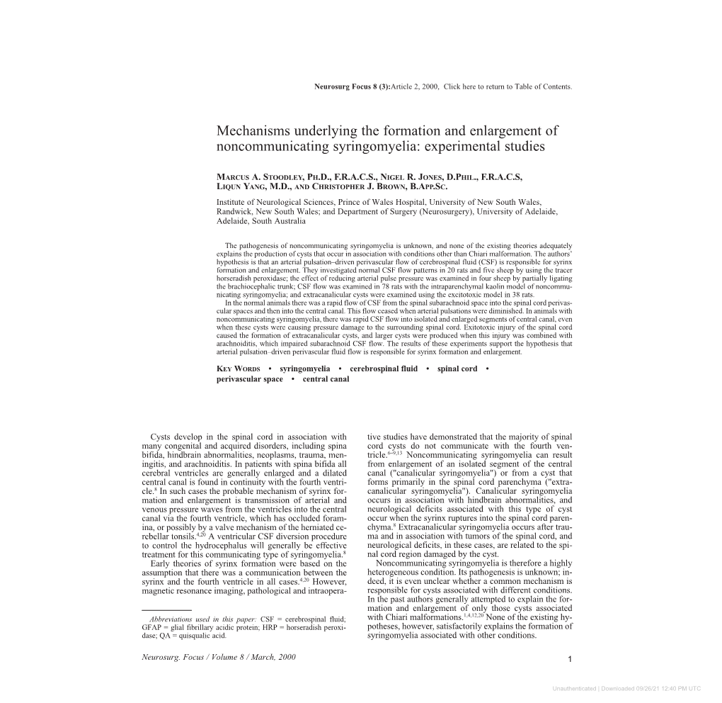 Mechanisms Underlying the Formation and Enlargement of Noncommunicating Syringomyelia: Experimental Studies