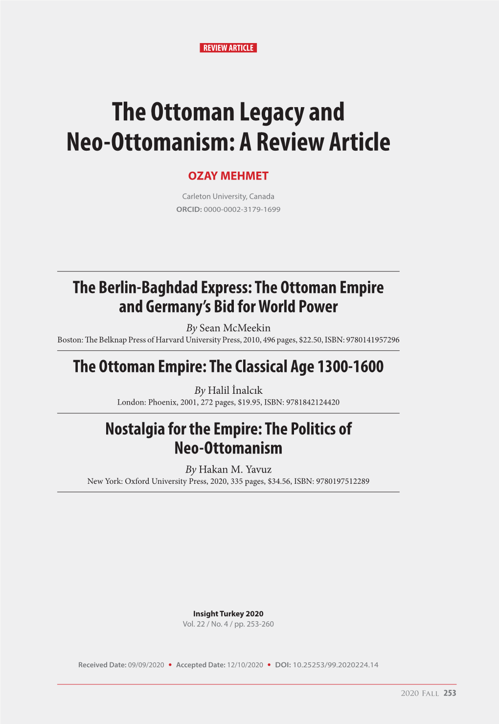 The Ottoman Legacy and Neo-Ottomanism: a Review Article