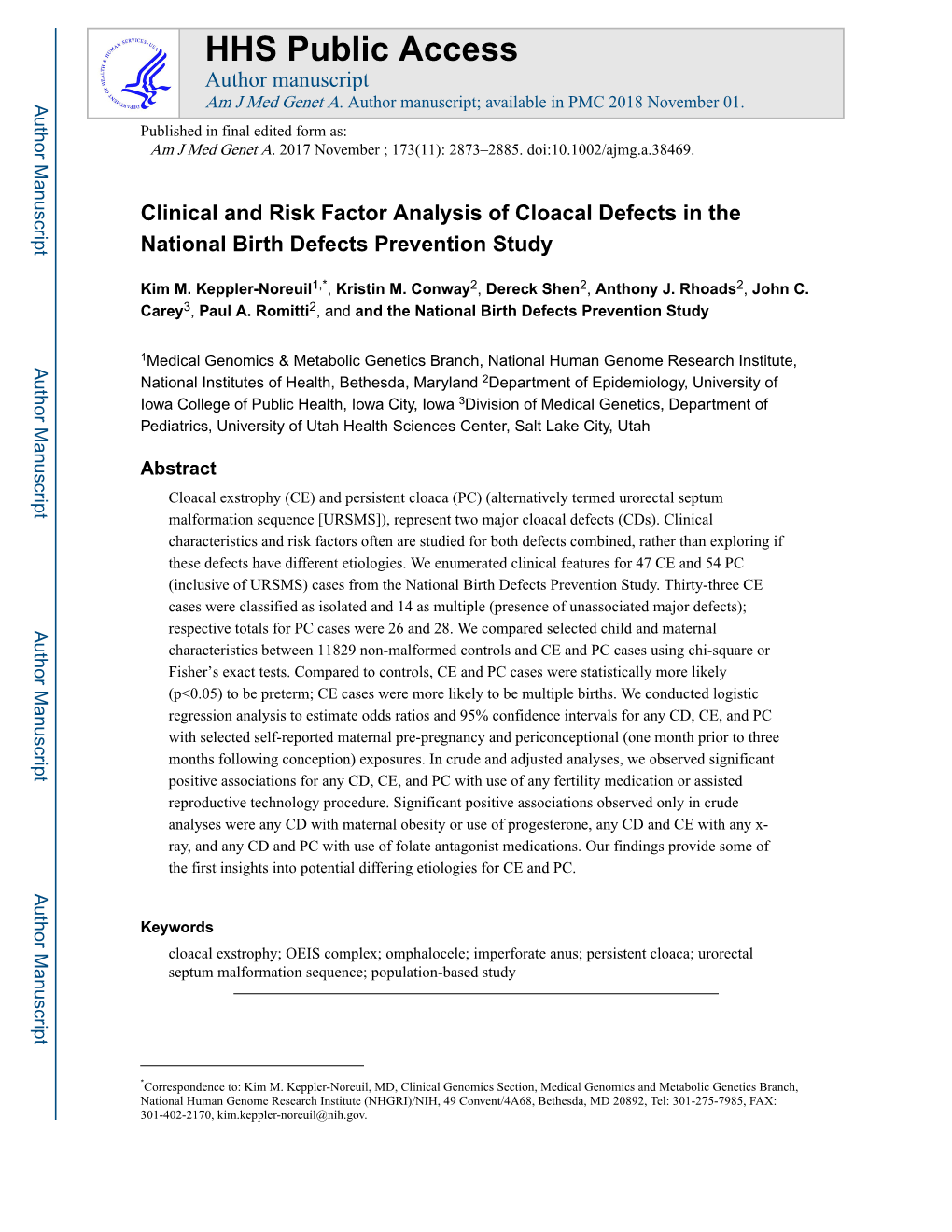 Clinical and Risk Factor Analysis of Cloacal Defects in the National Birth Defects Prevention Study