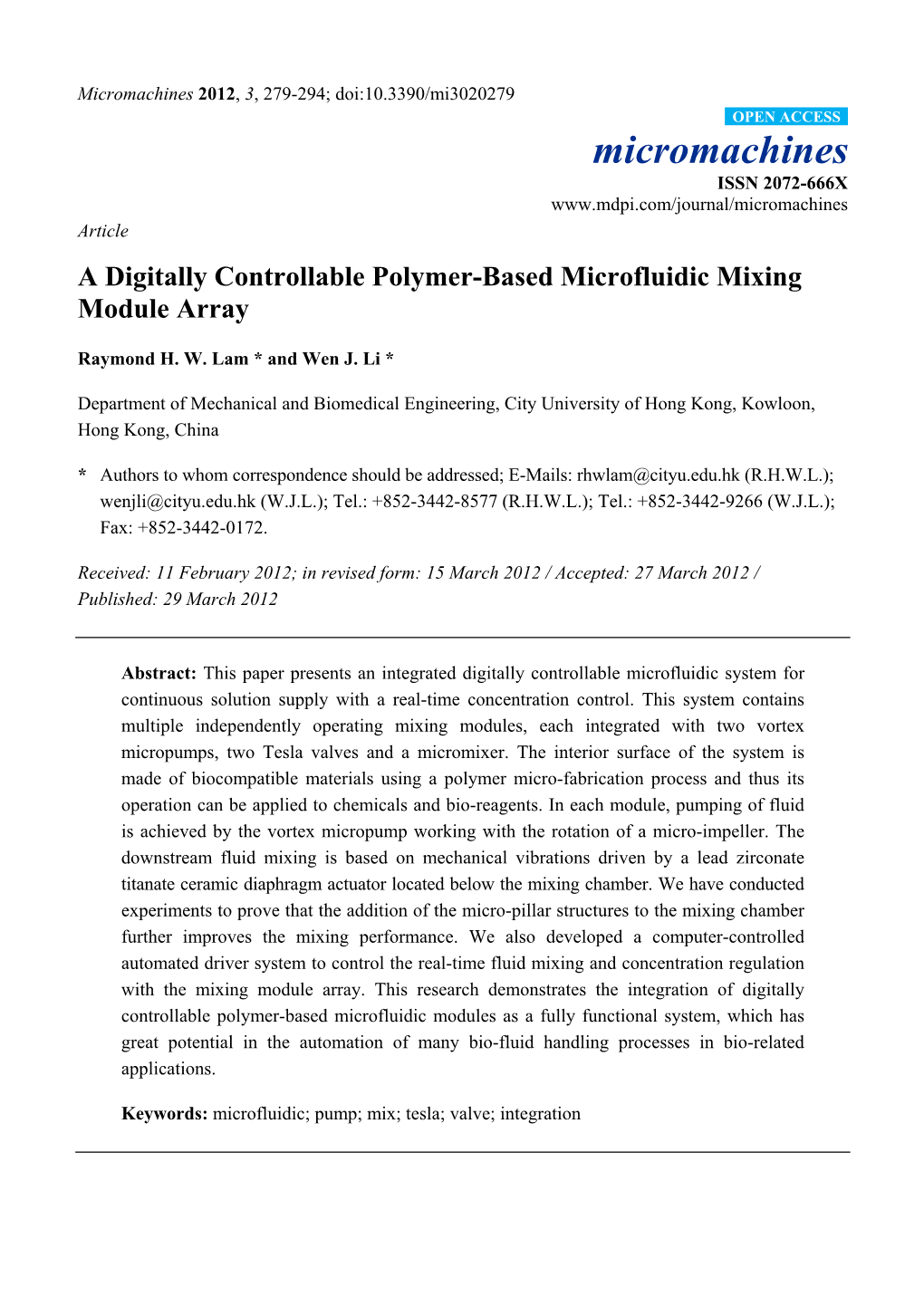 A Digitally Controllable Polymer-Based Microfluidic Mixing Module Array