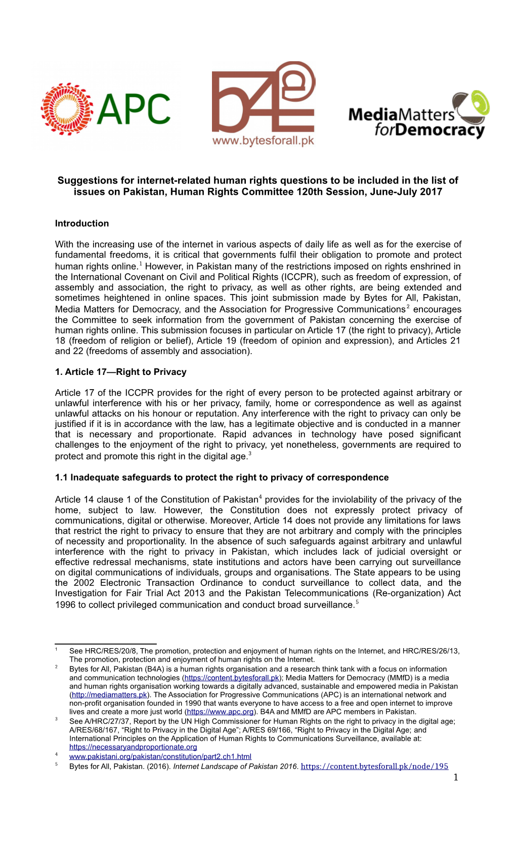 Suggestions for Internet-Related Human Rights Questions to Be Included in the List of Issues on Pakistan, Human Rights Committee 120Th Session, June-July 2017