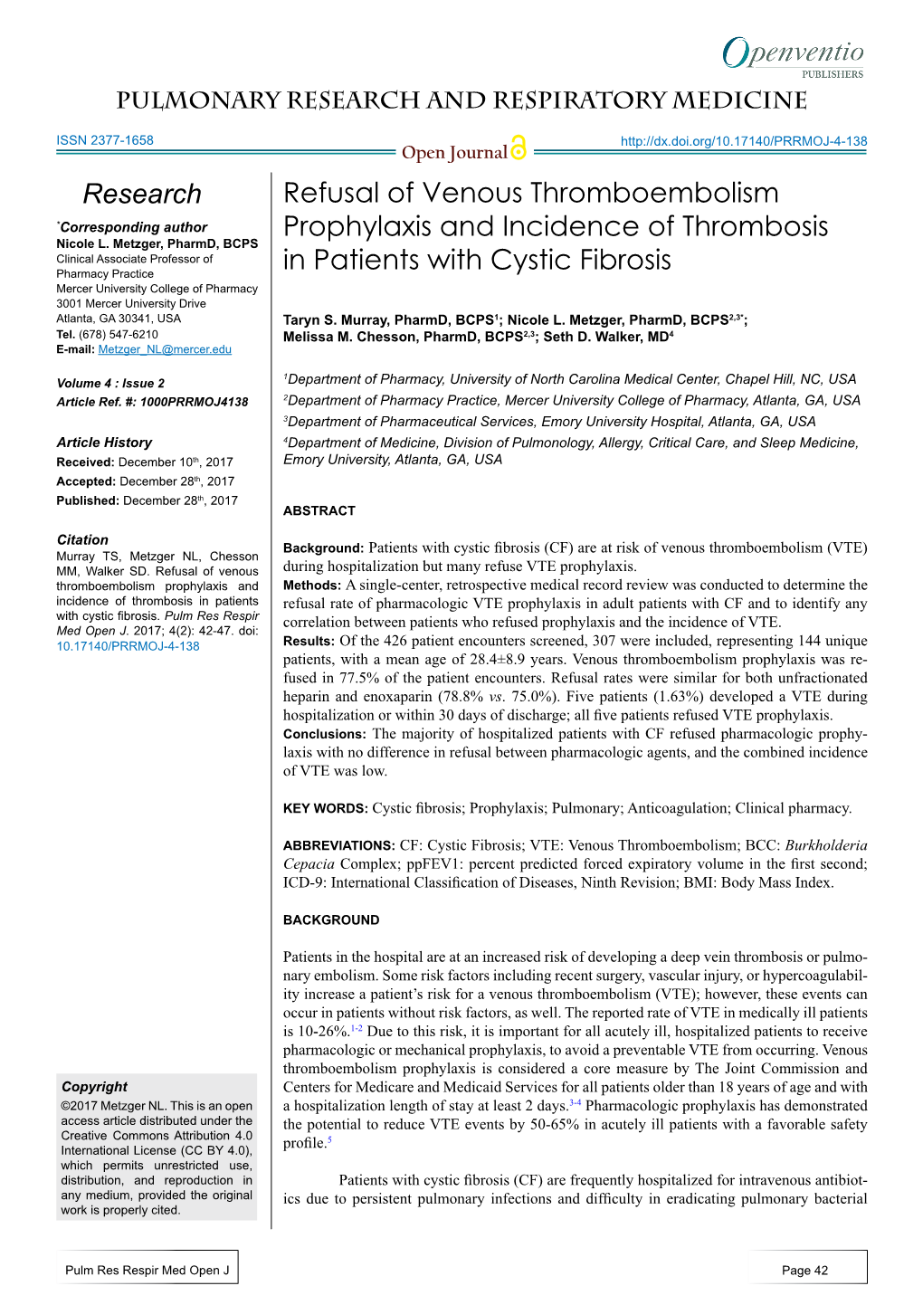 Refusal of Venous Thromboembolism Prophylaxis and Incidence of Thrombosis in Patients with Cystic Fibrosis Research