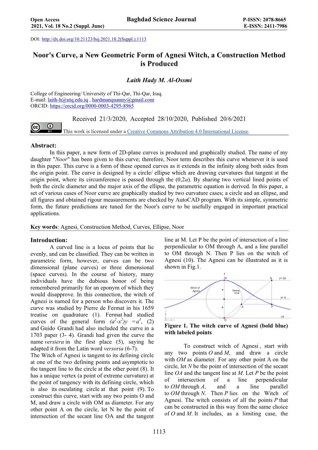 Noor's Curve, a New Geometric Form of Agnesi Witch, a Construction Method Is Produced