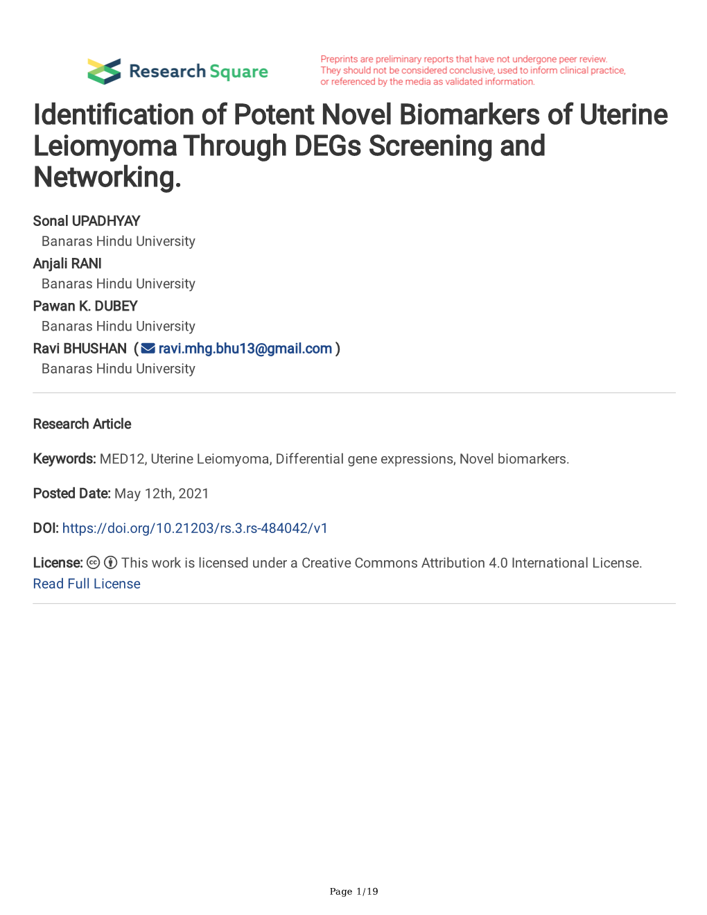 Identi Cation of Potent Novel Biomarkers of Uterine Leiomyoma