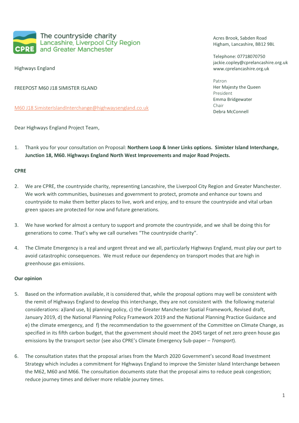 1 Highways England FREEPOST M60 J18 SIMISTER ISLAND M60 J18 Simisterislandinterchange@Highwaysengland.Co.Uk Dear Highways Englan