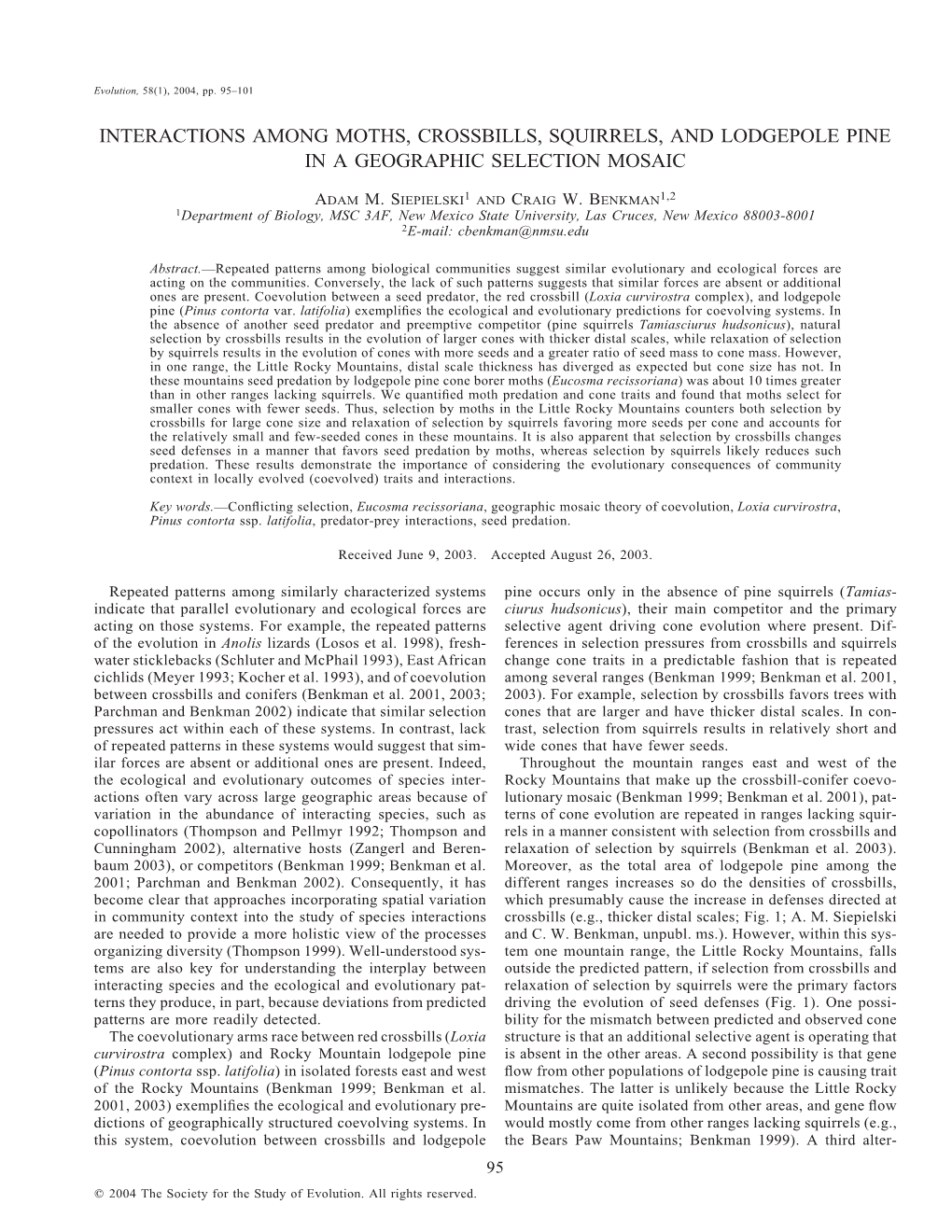 Interactions Among Moths, Crossbills, Squirrels, and Lodgepole Pine in a Geographic Selection Mosaic