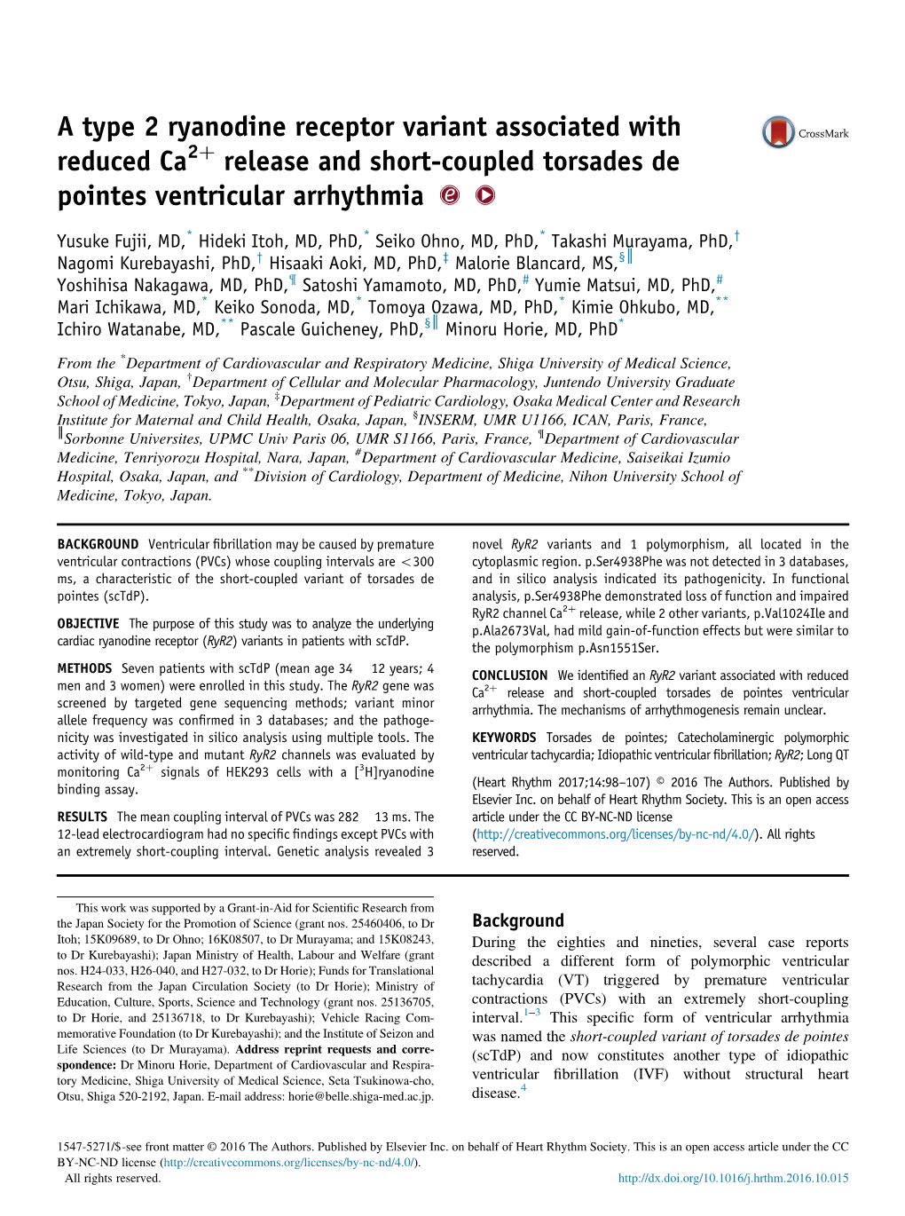 A Type 2 Ryanodine Receptor Variant Associated with Reduced Ca2+ Release and Short-Coupled Torsades De Pointes Ventricular Arrhy
