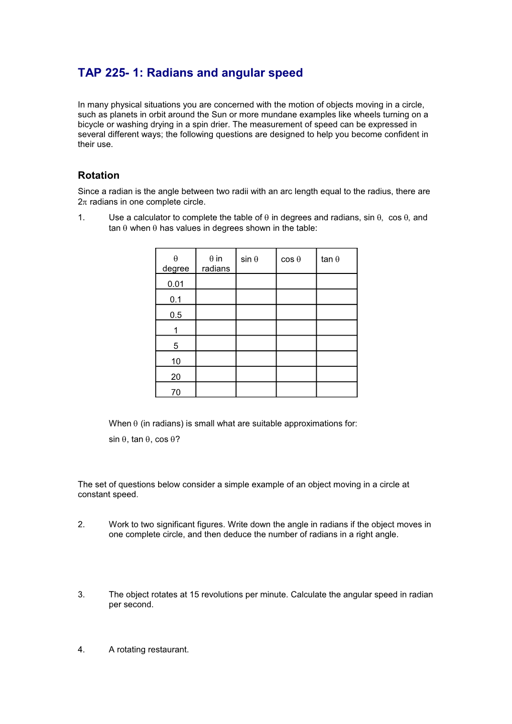 TAP 225- 1: Radians And Angular Speed