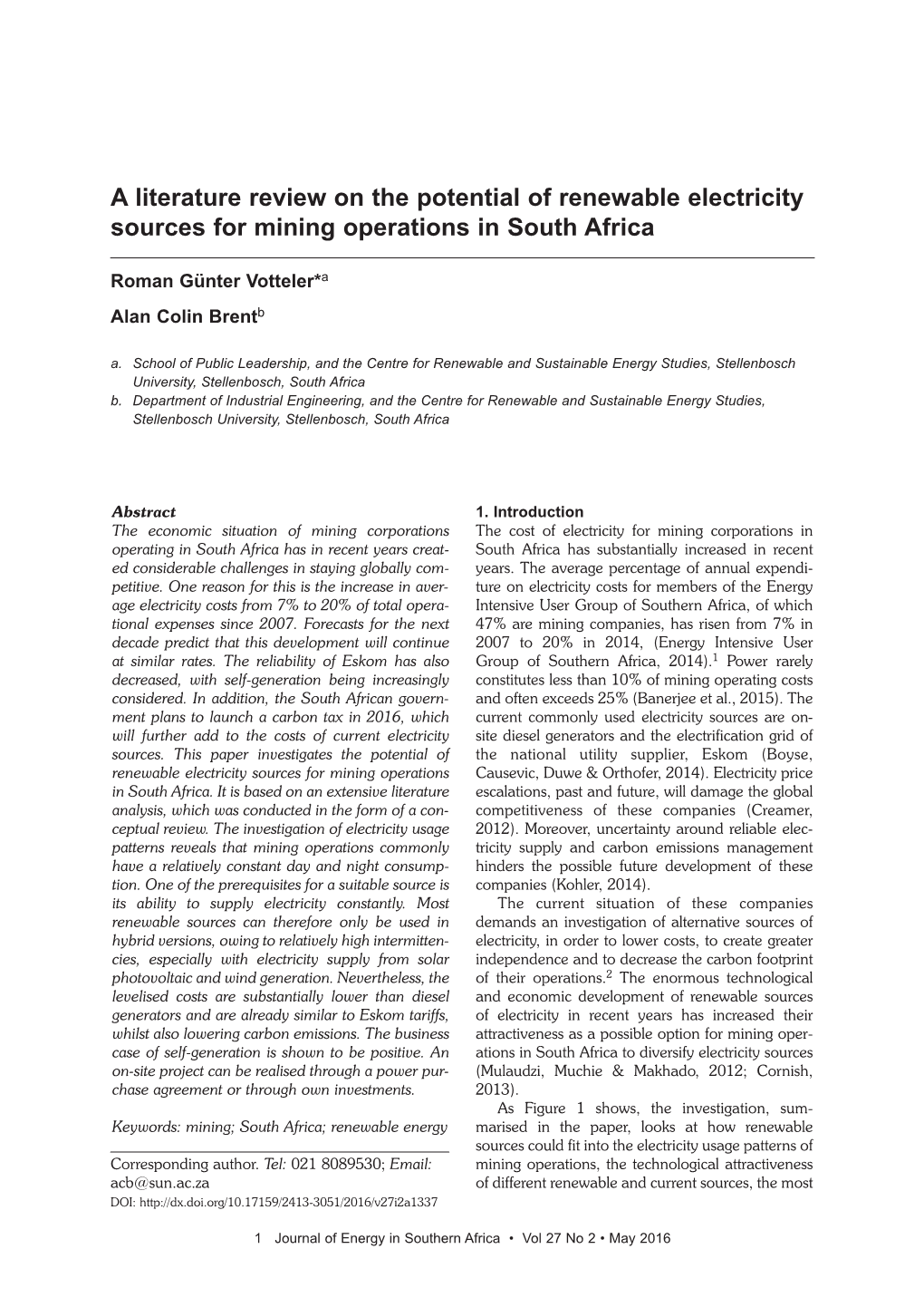 A Literature Review on the Potential of Renewable Electricity Sources for Mining Operations in South Africa