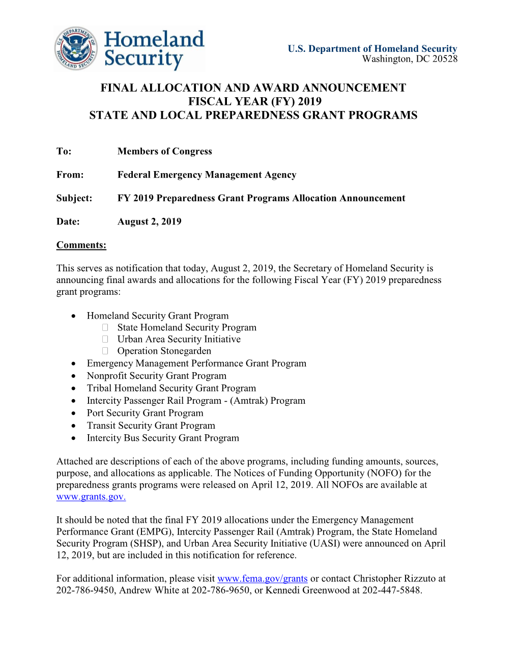 Final Allocation and Award Announcement Fiscal Year (Fy) 2019 State and Local Preparedness Grant Programs