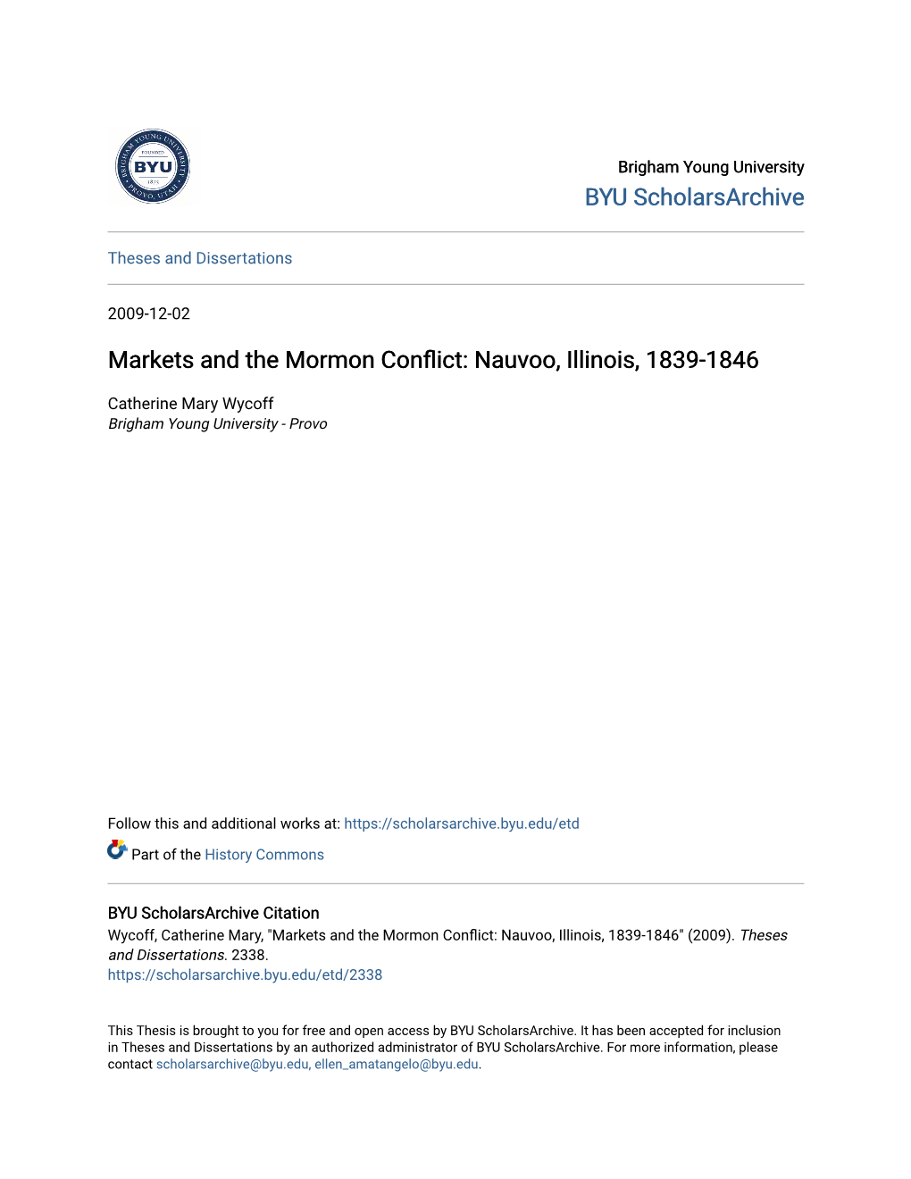 Markets and the Mormon Conflict: Nauvoo, Illinois, 1839-1846