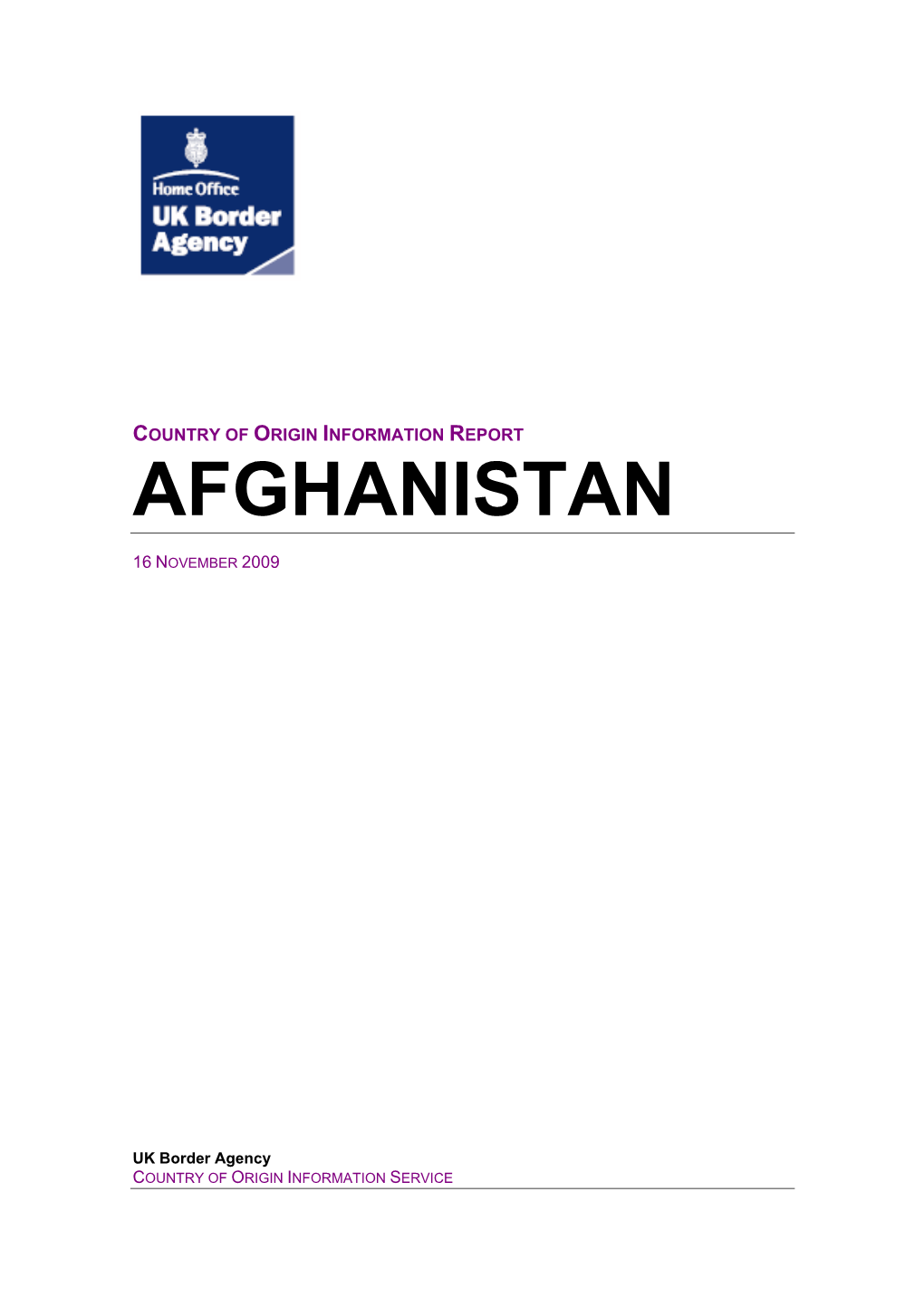 Country of Origin Information Report Afghanistan November 2009