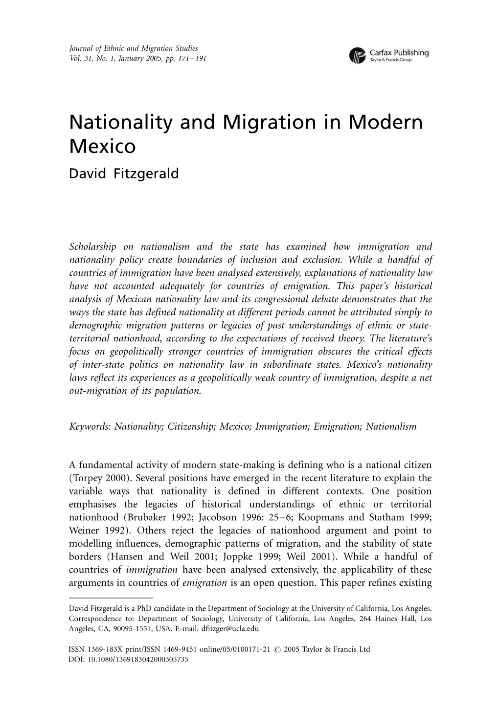 Nationality and Migration in Modern Mexico David Fitzgerald