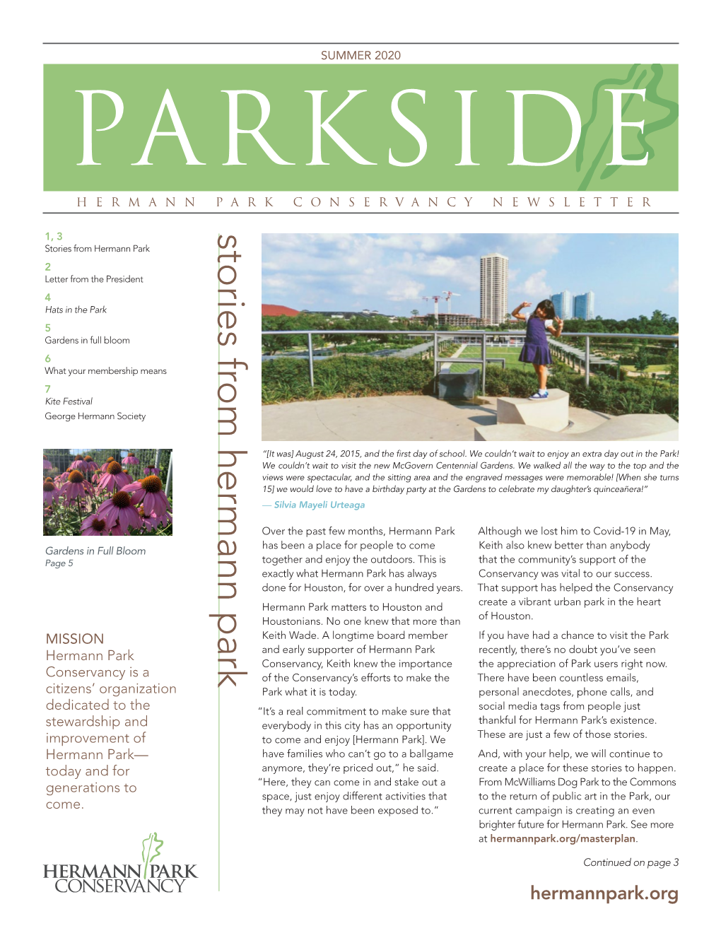 SUMMER 2020 PARKSIDE HERMANN PARK CONSERVANCY NEWSLETTER Stories from Hermann Park 1, 3 Stories from Hermann Park