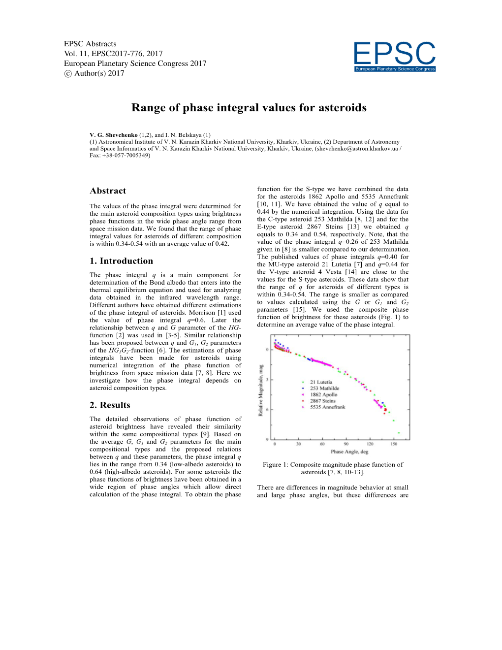 Range of Phase Integral Values for Asteroids