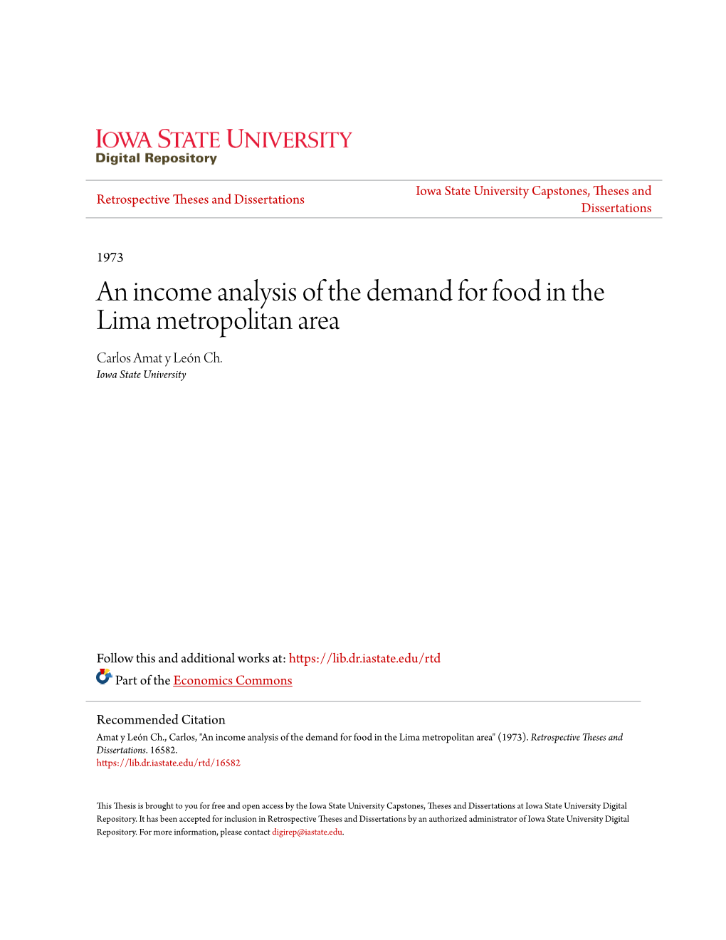 An Income Analysis of the Demand for Food in the Lima Metropolitan Area Carlos Amat Y León Ch