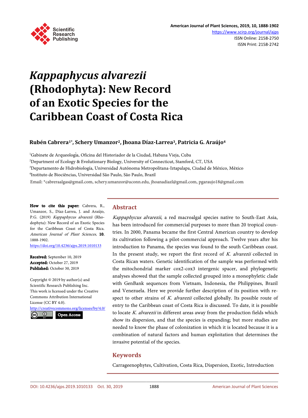 Kappaphycus Alvarezii (Rhodophyta): New Record of an Exotic Species for the Caribbean Coast of Costa Rica