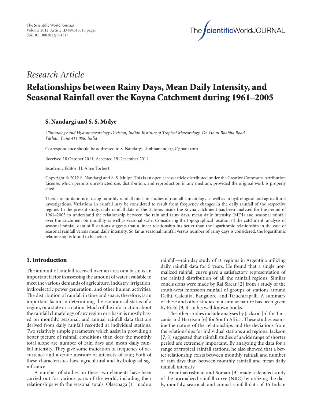 Relationships Between Rainy Days, Mean Daily Intensity, and Seasonal Rainfall Over the Koyna Catchment During 1961–2005