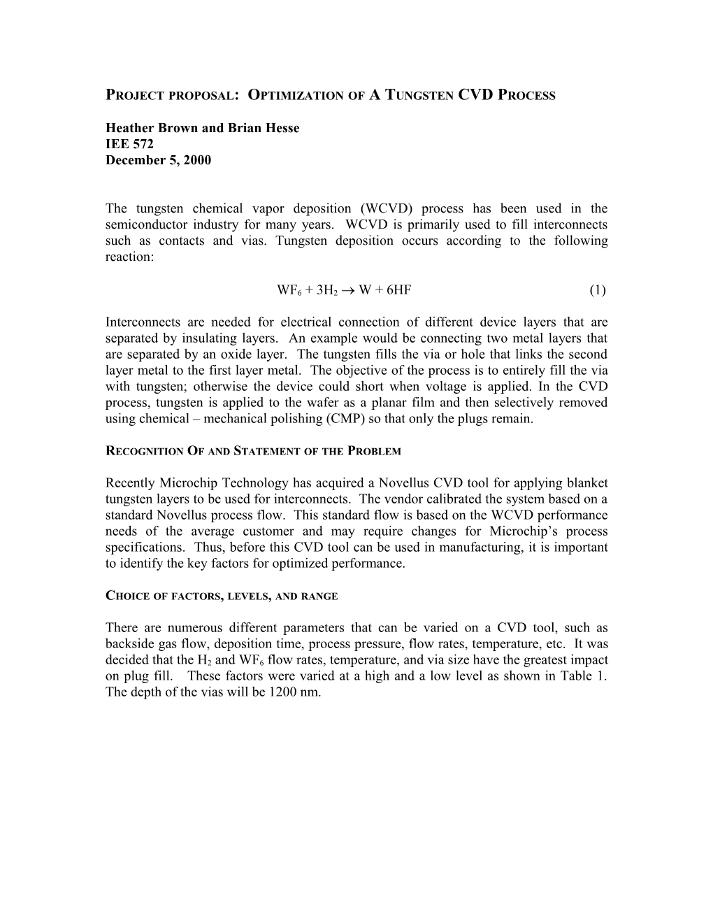 Project Proposal: Optimization of a Tungsten CVD Process