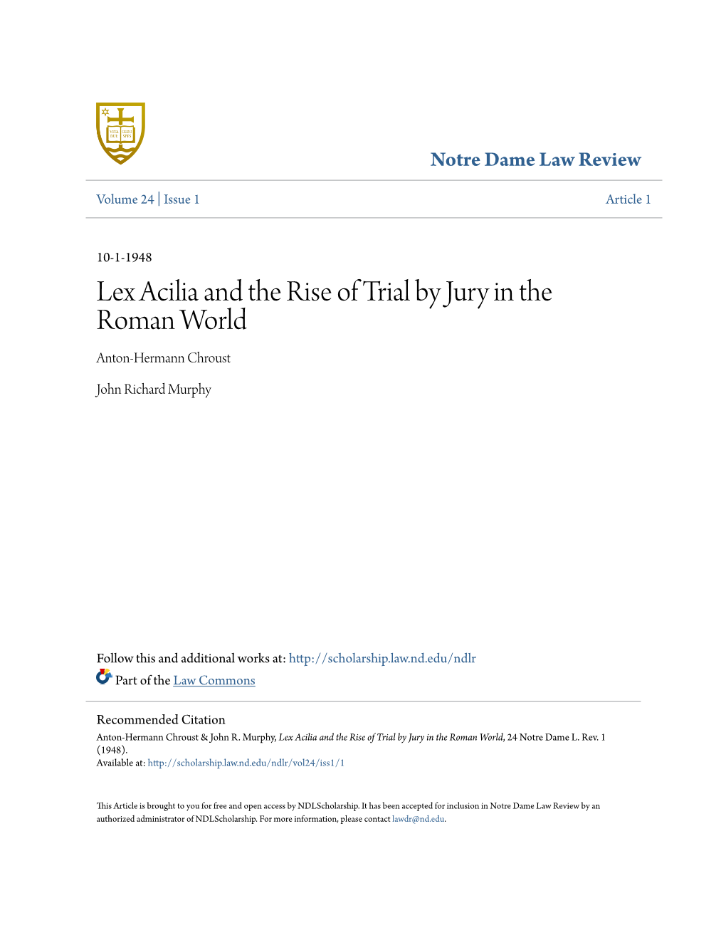 Lex Acilia and the Rise of Trial by Jury in the Roman World Anton-Hermann Chroust