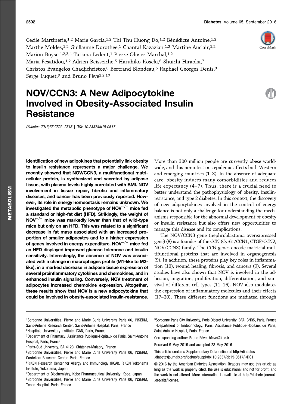 NOV/CCN3: a New Adipocytokine Involved in Obesity-Associated Insulin Resistance