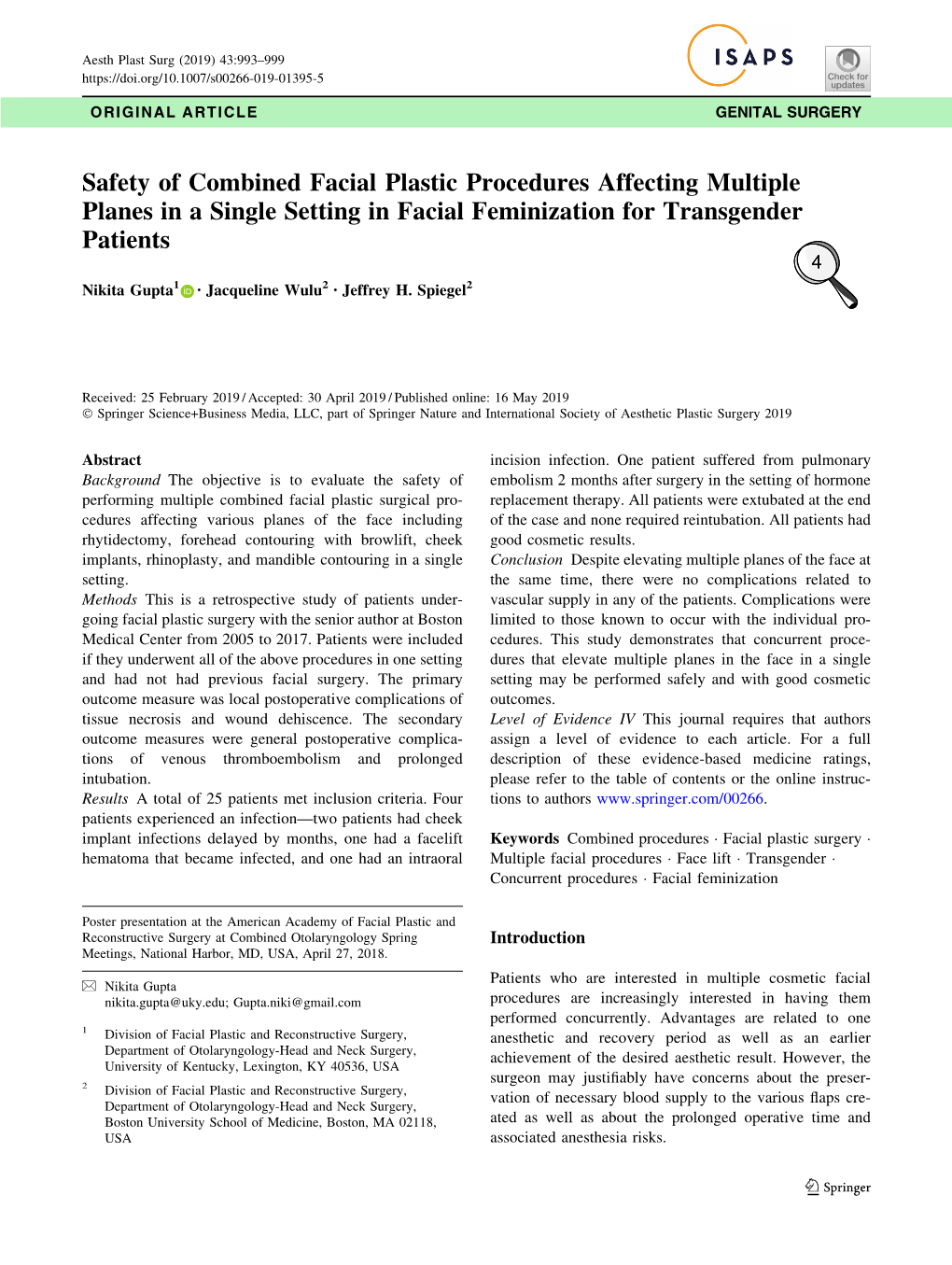 Safety of Combined Facial Plastic Procedures Affecting Multiple Planes in a Single Setting in Facial Feminization for Transgender Patients