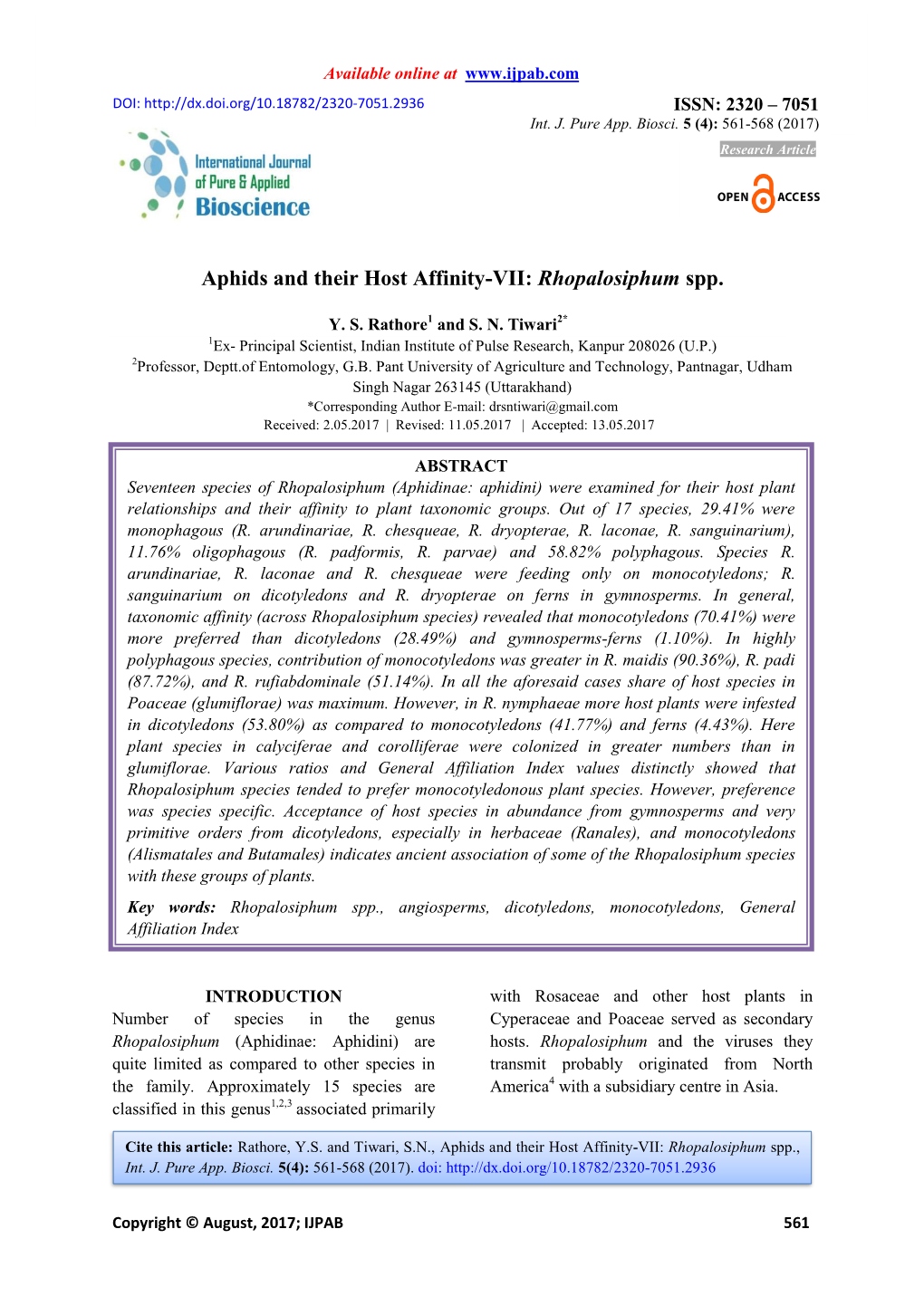 Aphids and Their Host Affinity-VII: Rhopalosiphum Spp