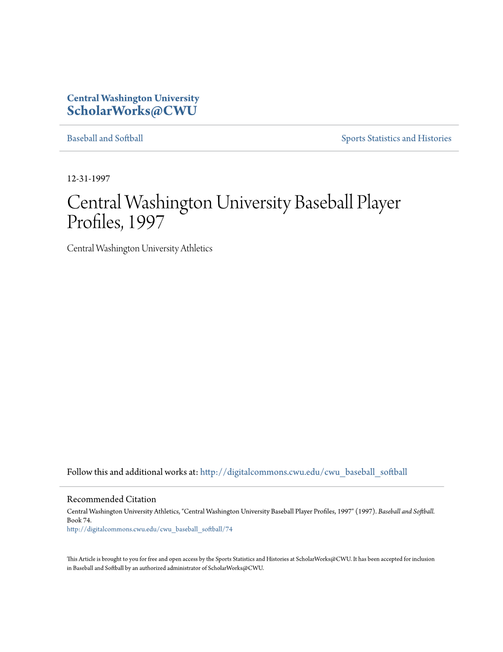 Central Washington University Baseball Player Profiles, 1997 Central Washington University Athletics