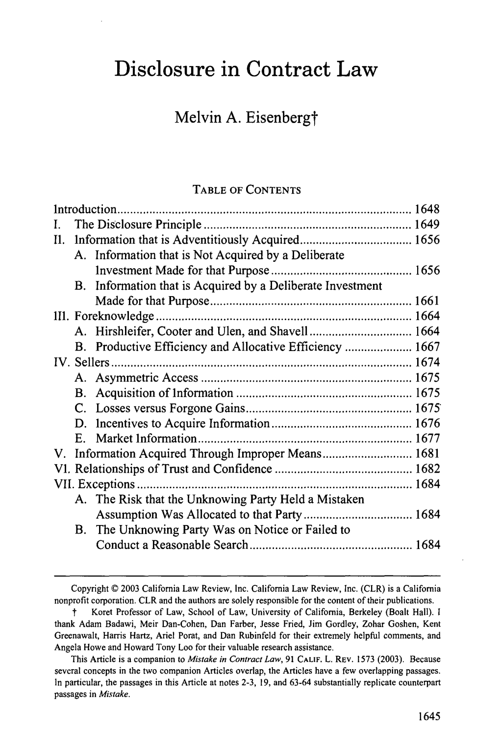 Disclosure in Contract Law