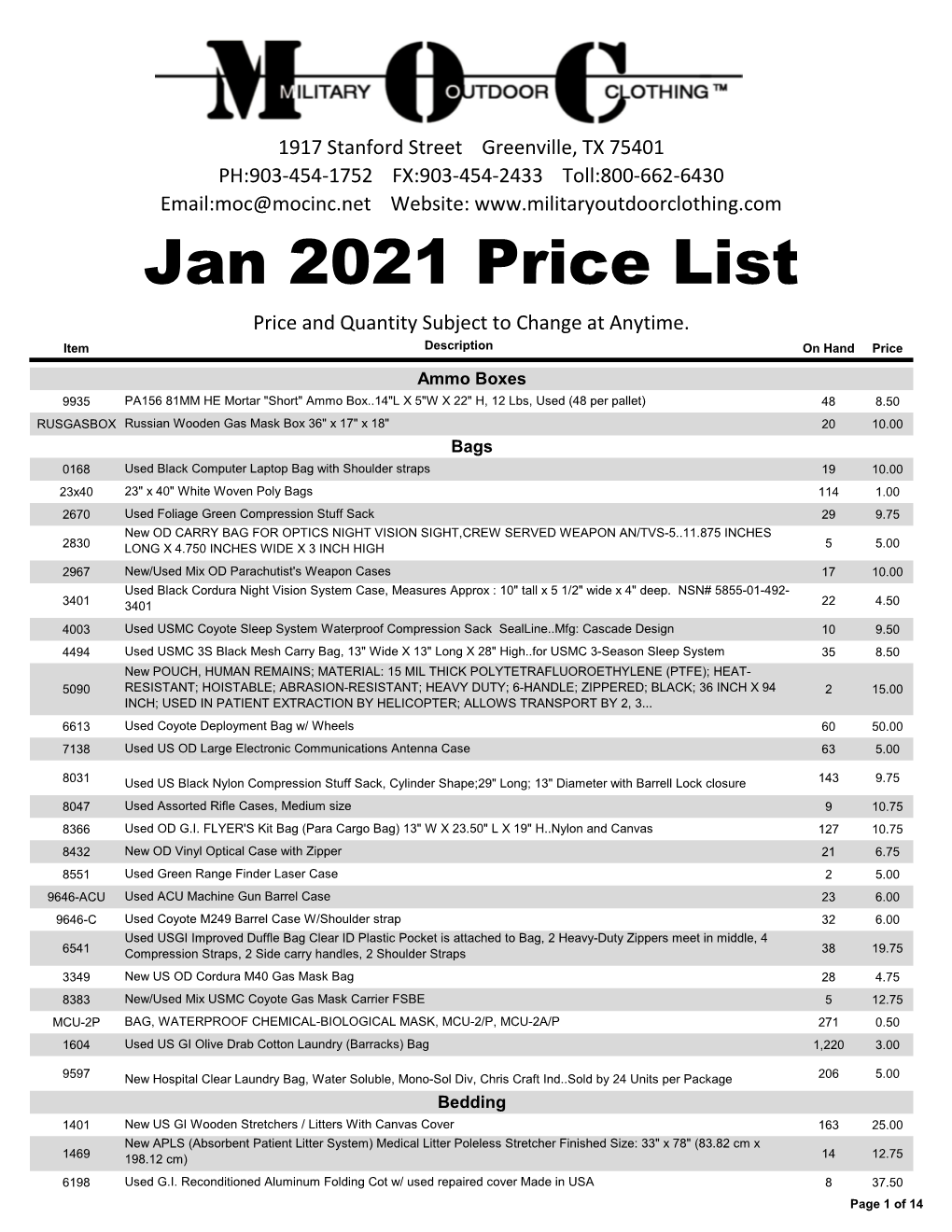 Jan 2021 Price List Price and Quantity Subject to Change at Anytime