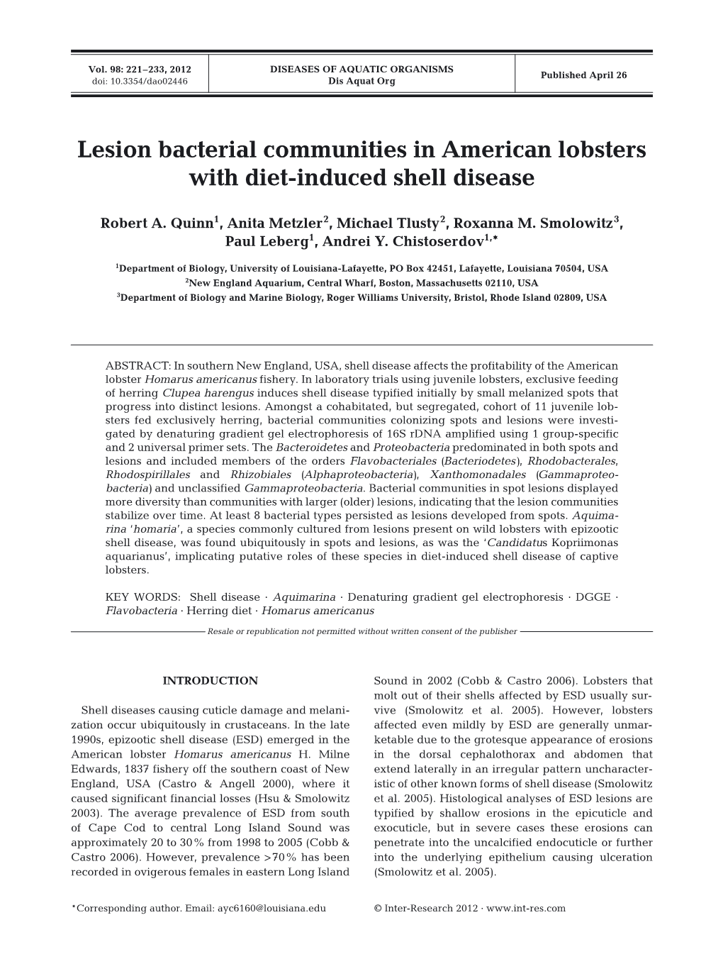 Lesion Bacterial Communities in American Lobsters with Diet-Induced Shell Disease