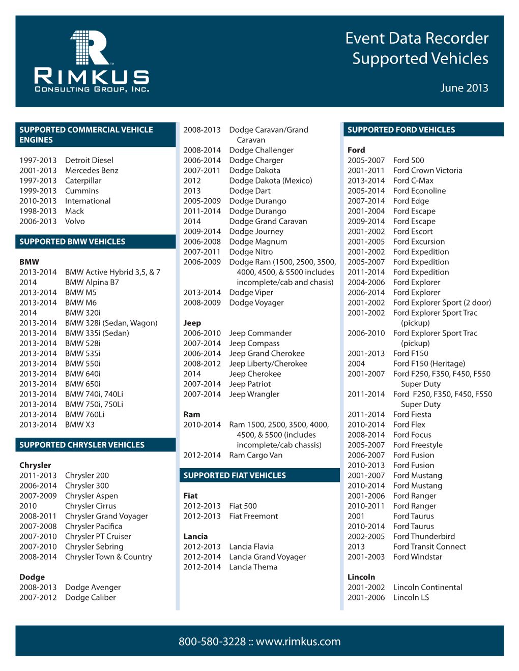 Event Data Recorder Vehicle List 2013