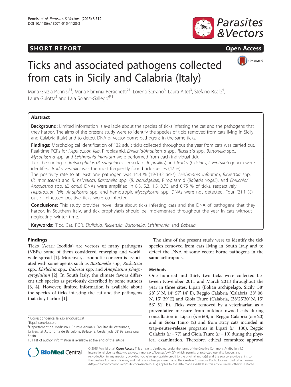 Ticks and Associated Pathogens Collected from Cats in Sicily And