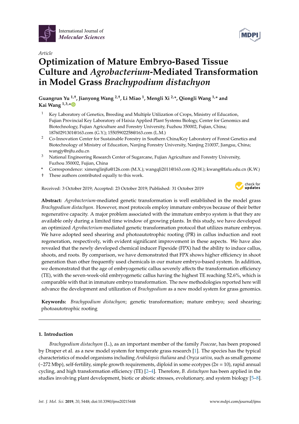 Optimization of Mature Embryo-Based Tissue Culture and Agrobacterium-Mediated Transformation in Model Grass Brachypodium Distachyon