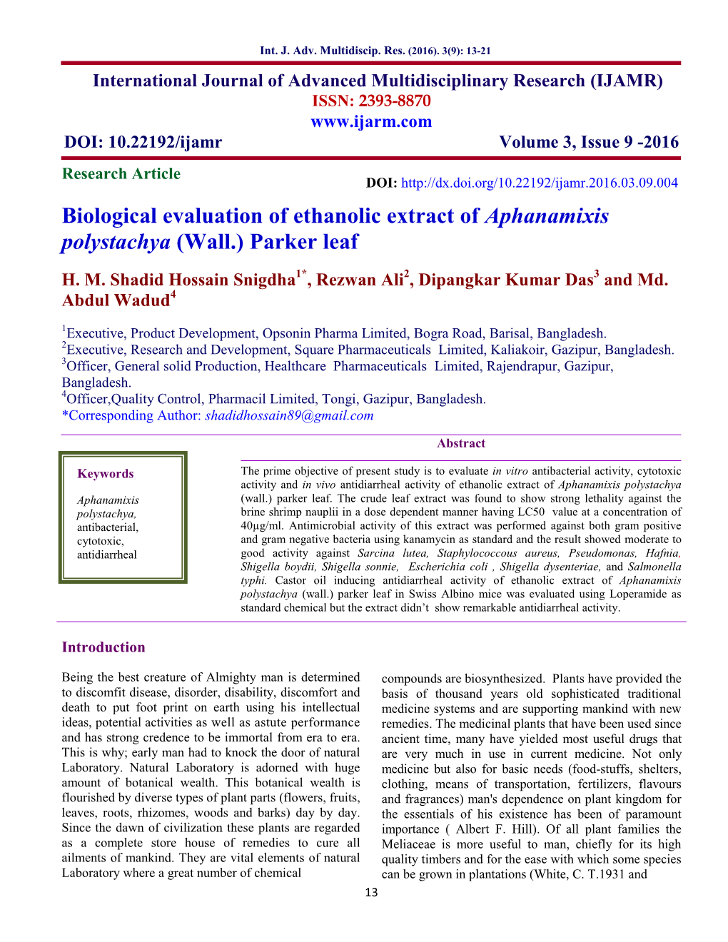Biological Evaluation of Ethanolic Extract of Aphanamixis Polystachya (Wall.) Parker Leaf H