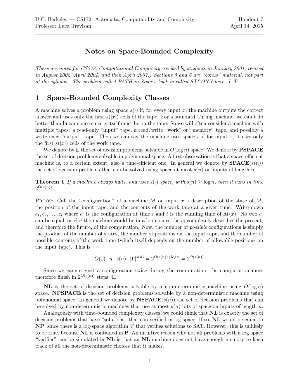 Notes on Space-Bounded Complexity