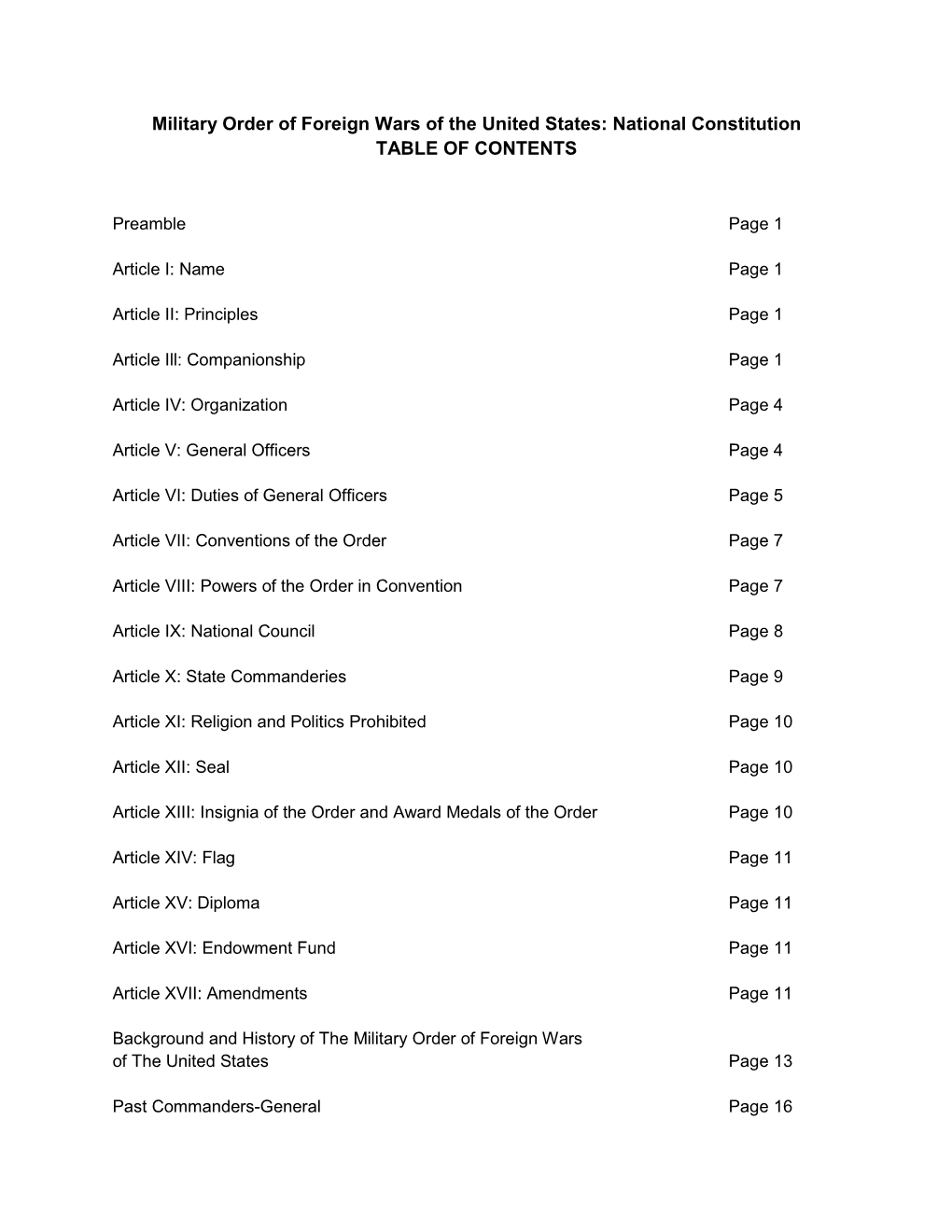 Military Order of Foreign Wars of the United States: National Constitution TABLE of CONTENTS