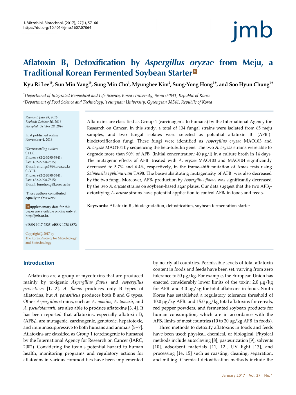 Aflatoxin B1 Detoxification by Aspergillus Oryzae from Meju, A