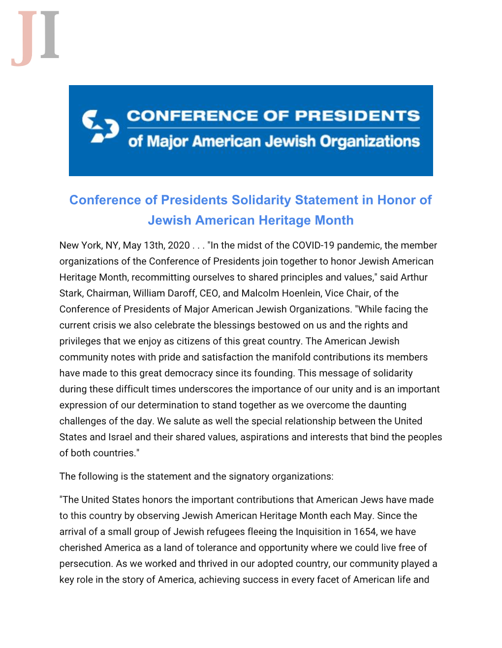 Conference of Presidents Solidarity Statement in Honor of Jewish American Heritage Month