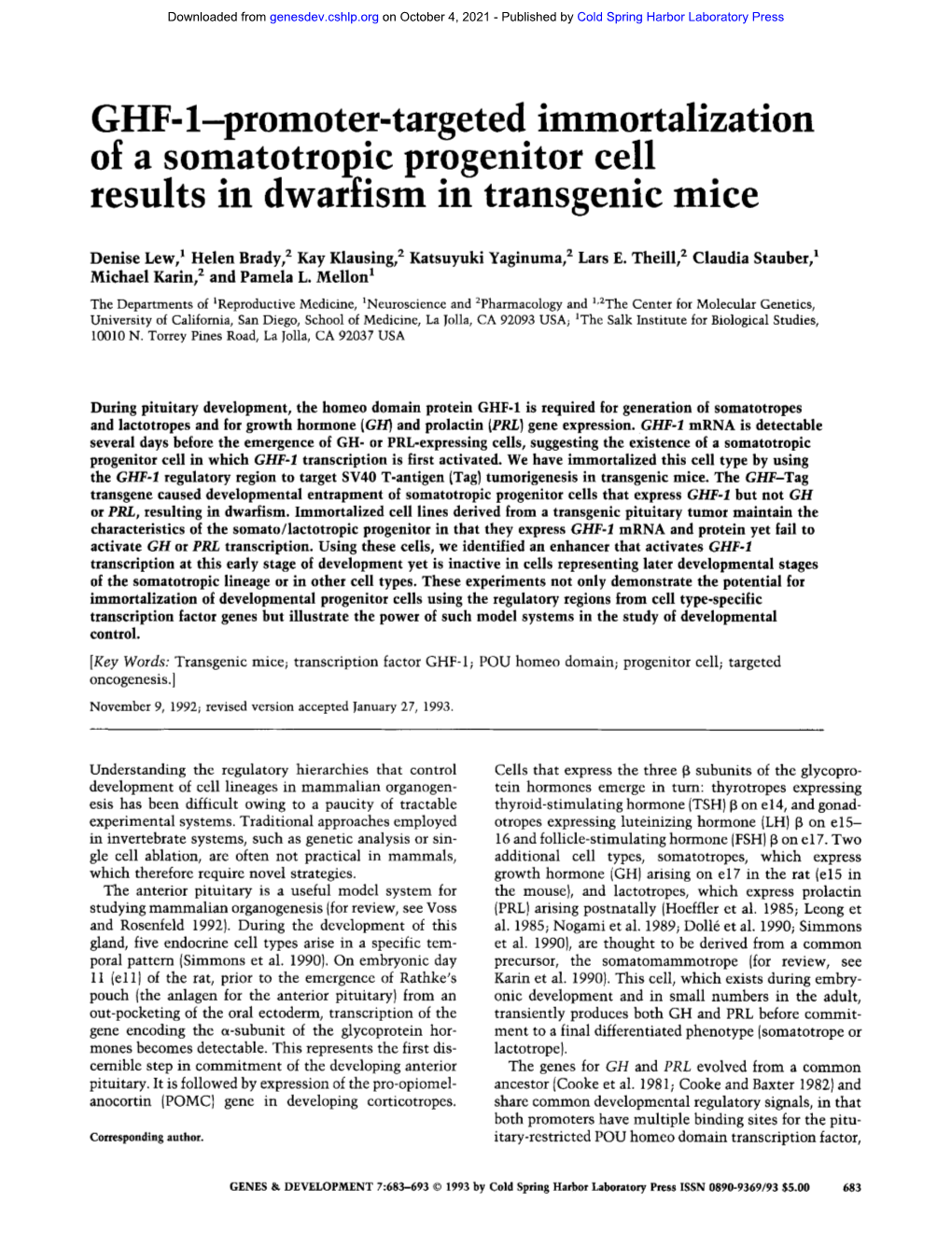 GHF- 1-Promoter-Targeted Immortalization of a Somatotropic Progenitor Cell Results in Dwarfism in Transgenic Mice