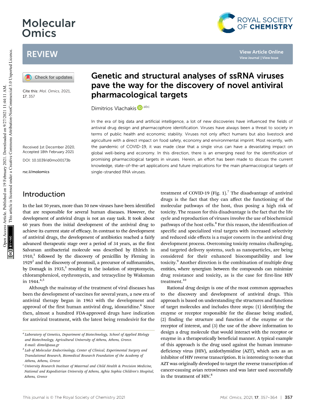 Genetic and Structural Analyses of Ssrna Viruses Pave the Way for the Discovery of Novel Antiviral Cite This: Mol