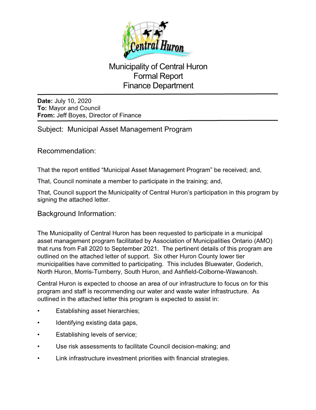 Municipality of Central Huron Formal Report Finance Department