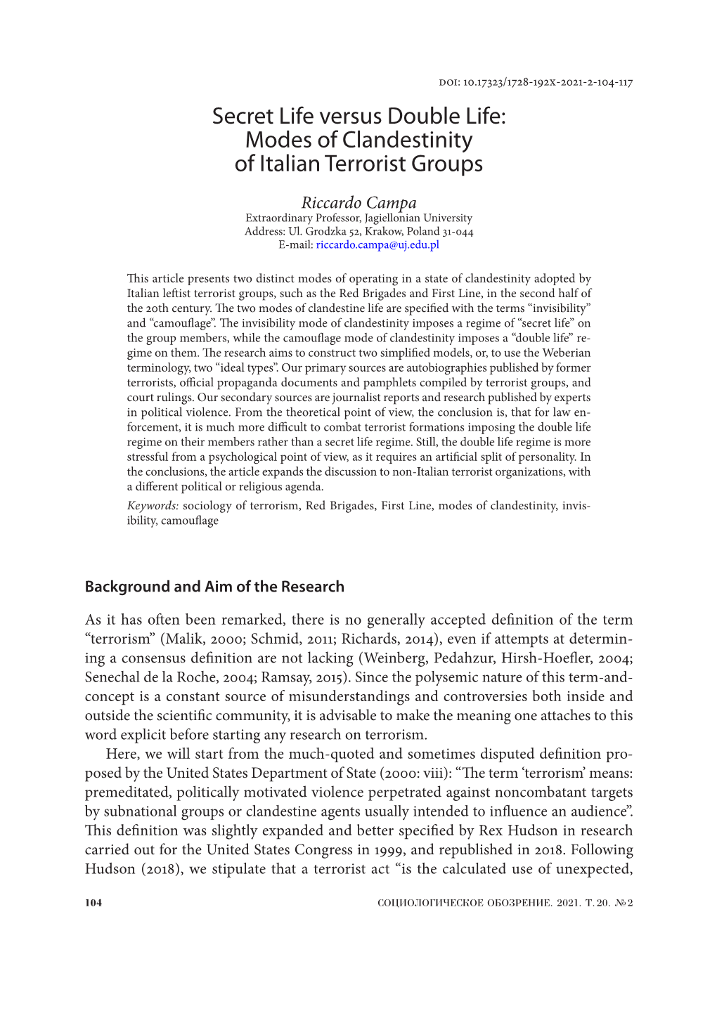 Modes of Clandestinity of Italian Terrorist Groups