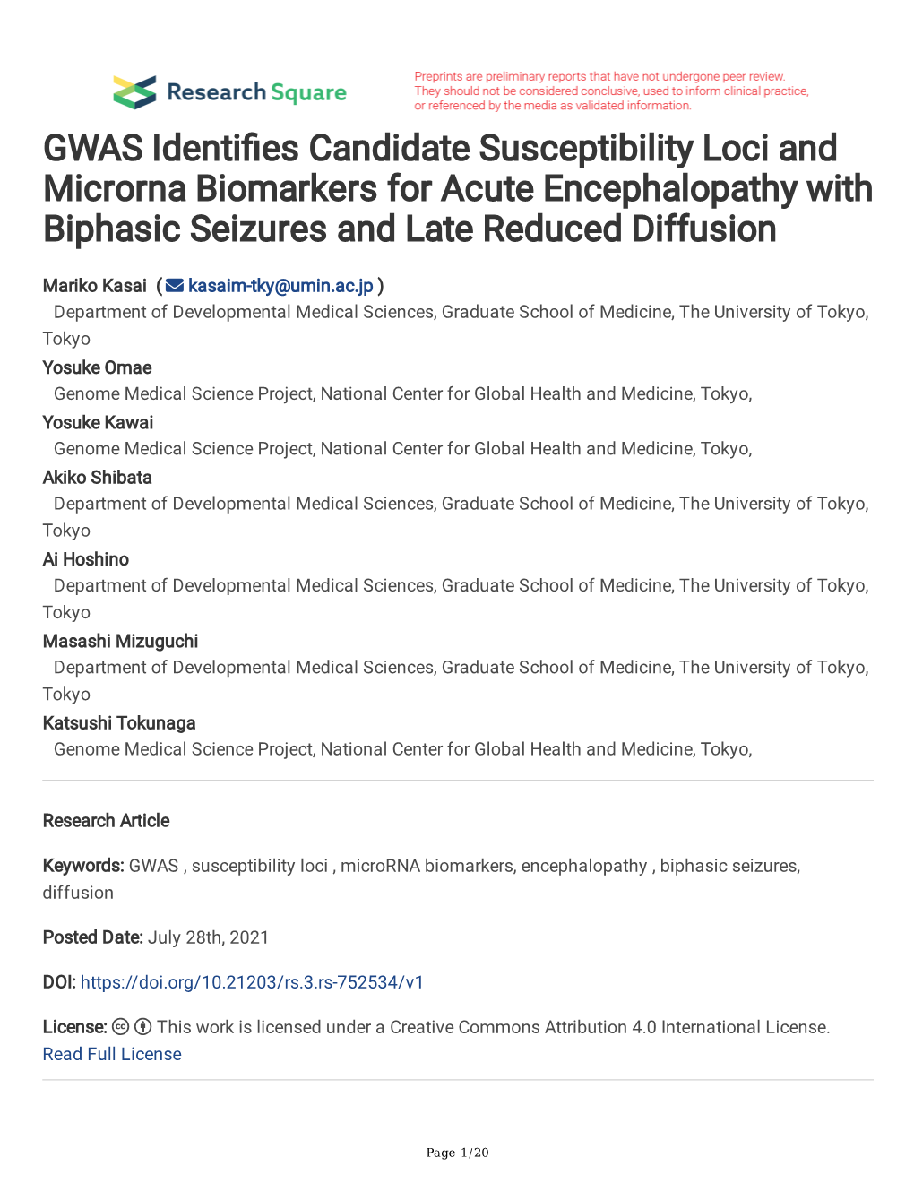GWAS Identi Es Candidate Susceptibility Loci and Microrna Biomarkers for Acute Encephalopathy with Biphasic Seizures and Late Re