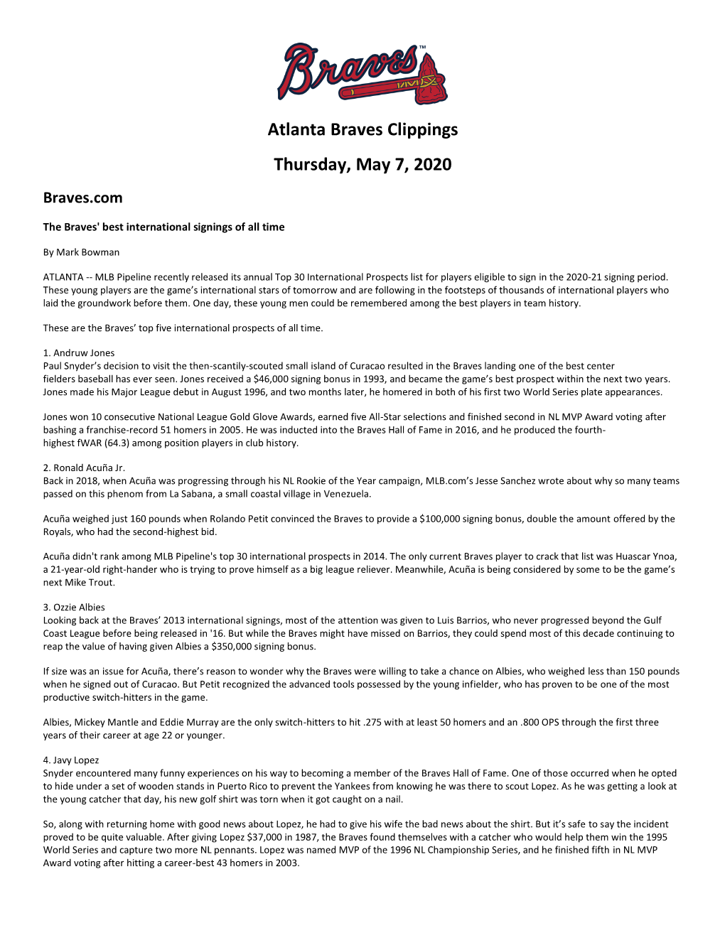 Atlanta Braves Clippings Thursday, May 7, 2020 Braves.Com