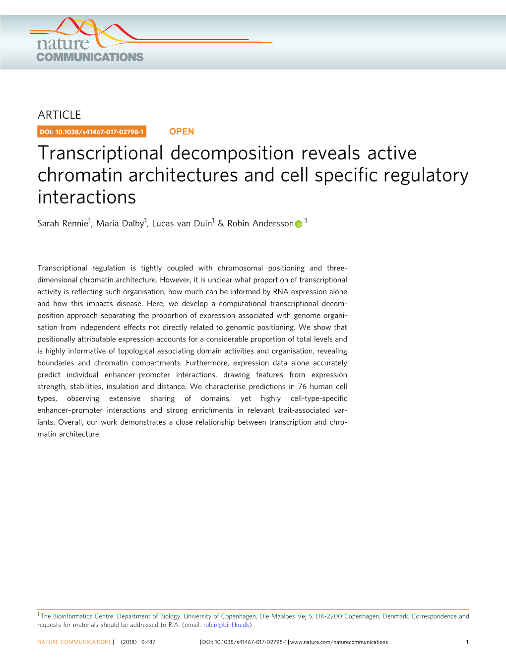 Transcriptional Decomposition Reveals Active Chromatin Architectures and Cell Speciﬁc Regulatory Interactions