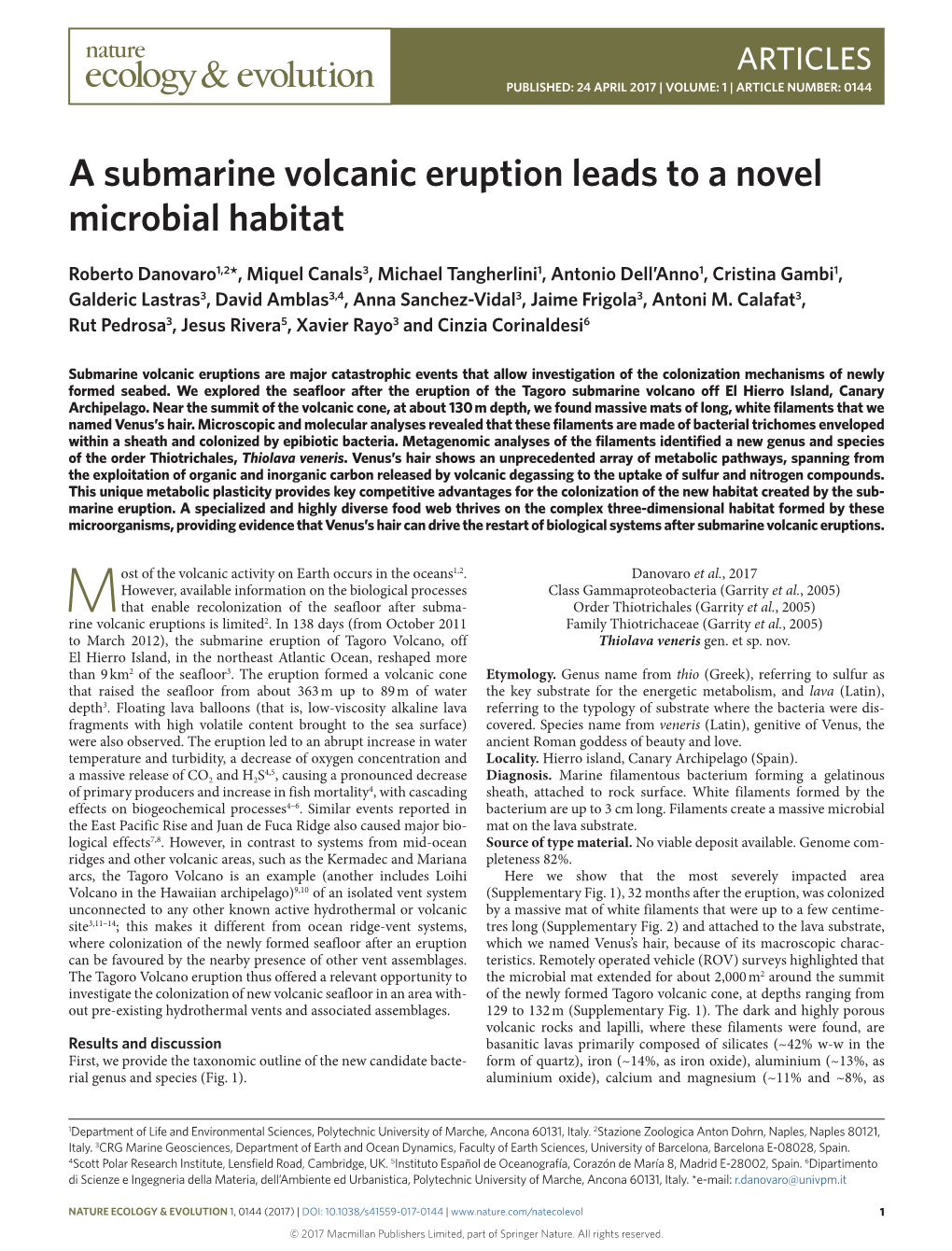 A Submarine Volcanic Eruption Leads to a Novel Microbial Habitat